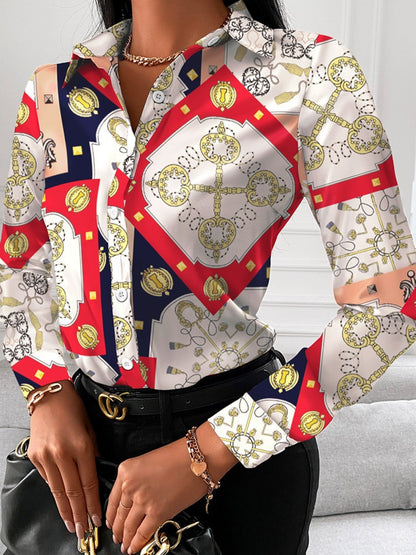 Printed Collared Neck Long Sleeve Shirt Red