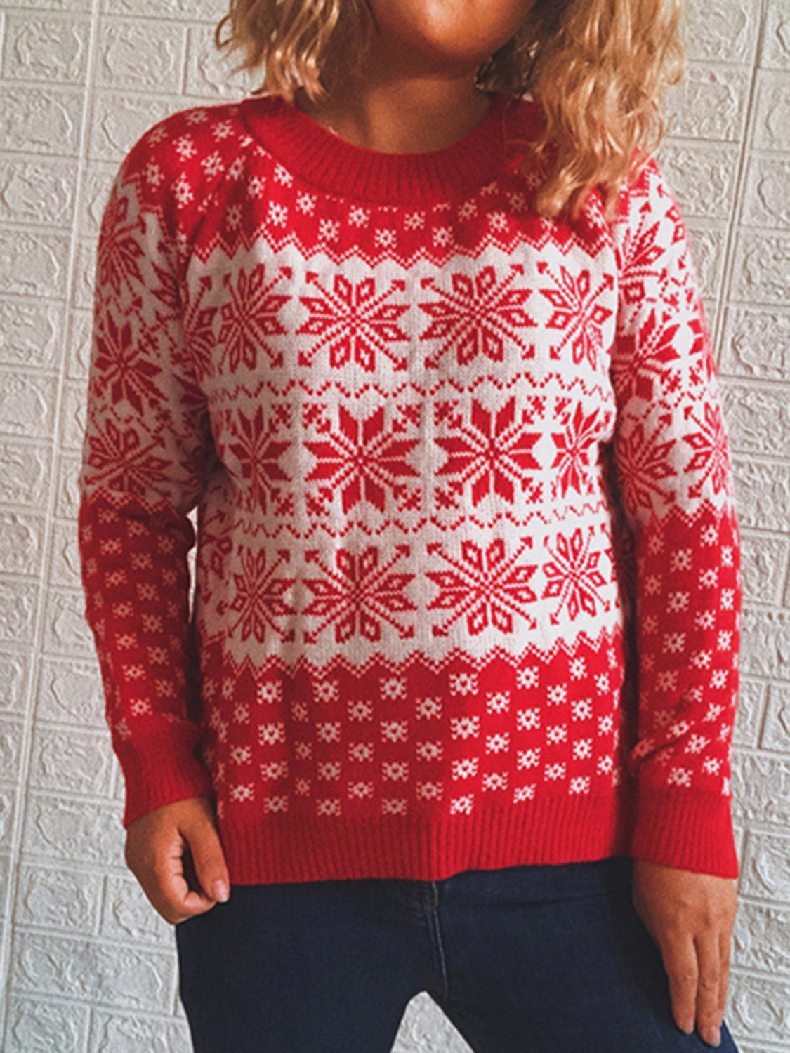 Snowflake Pattern Long Sleeve Sweater Red