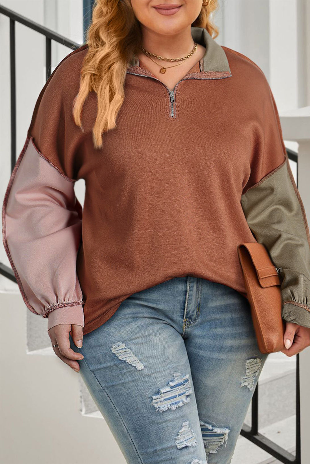 Gold Flame Plus Size Colorblock Exposed Seam Quarter Zip Sweatshirt Gold Flame 50%Polyester+45%Viscose+5%Elastane