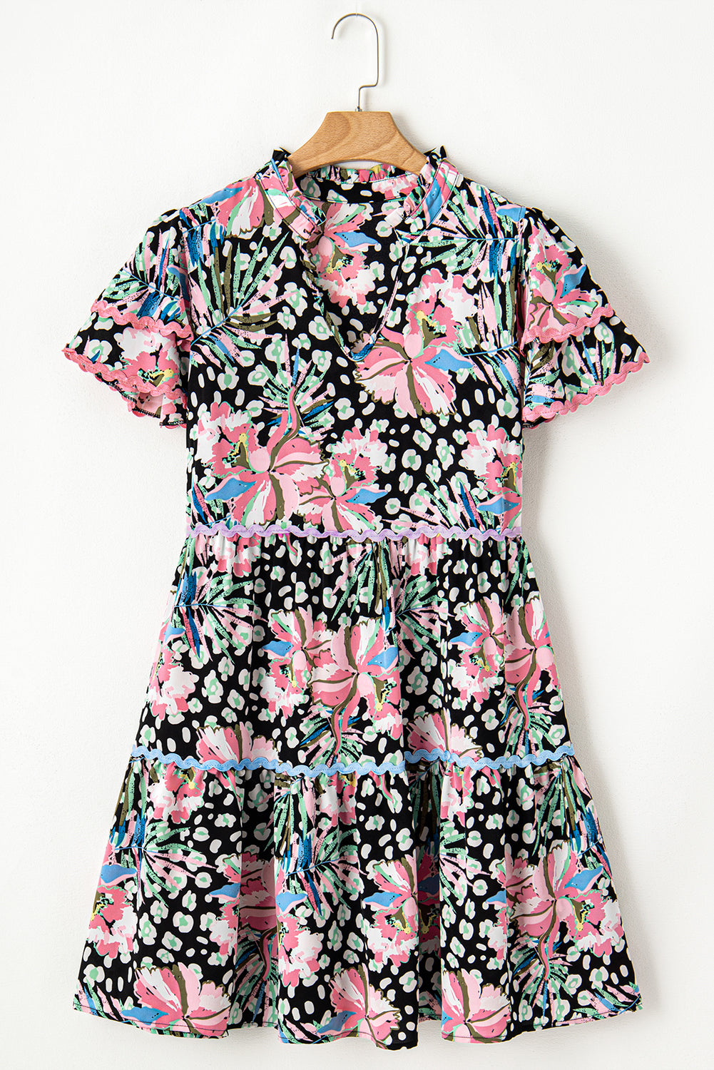 Multicolour Ric-rac Trim Short Sleeve Flared Plus Size Floral Dress