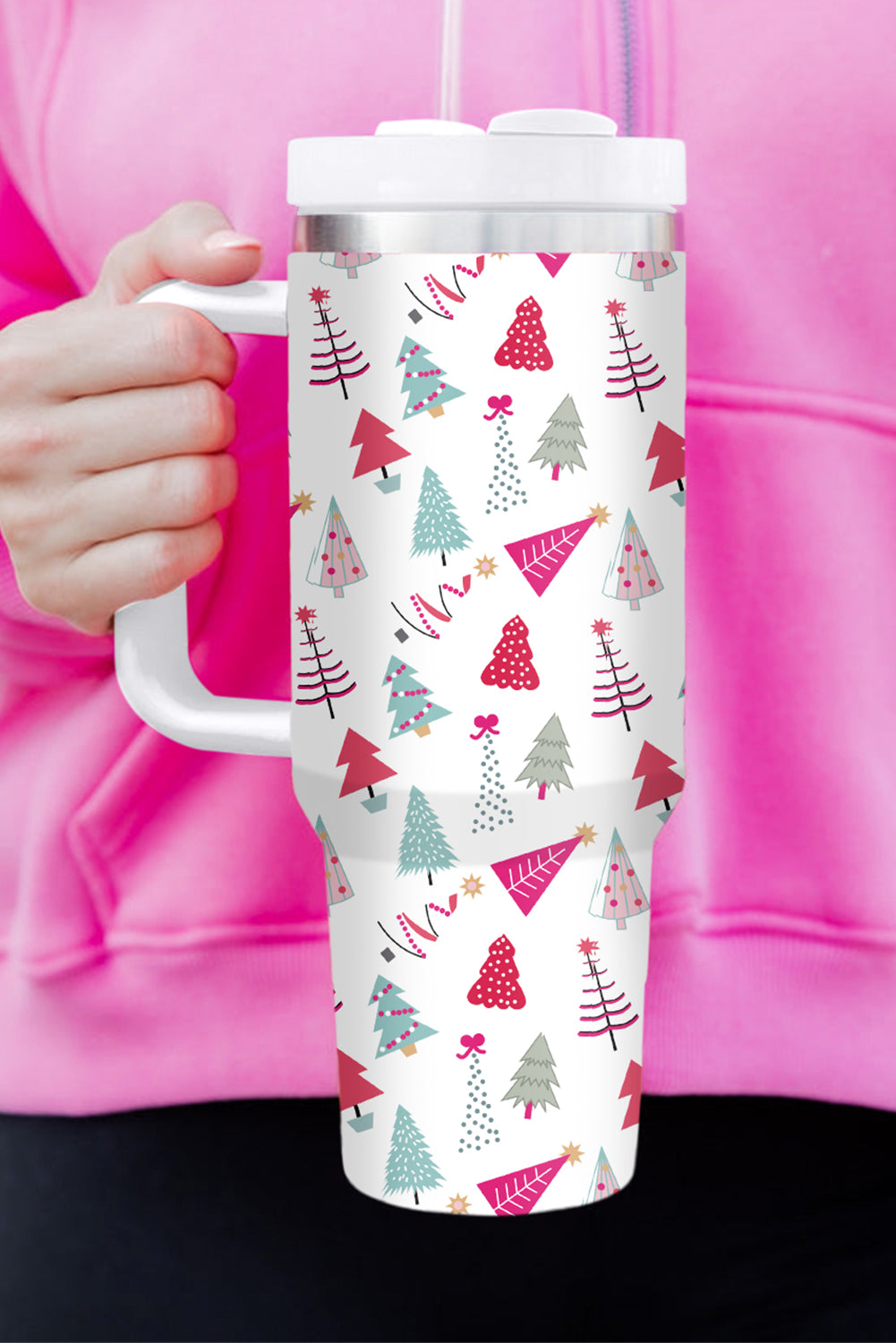 White Cartoon Christmas Tree Printed Thermos Cup 40oz White ONE SIZE 100%Alloy