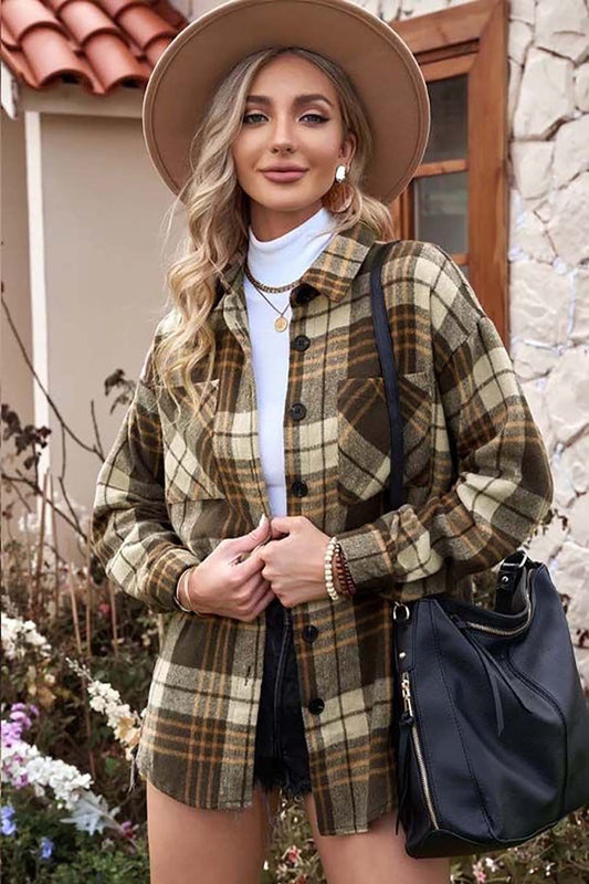 Plaid Collared Neck Button Up Jacket with Pockets Mocha