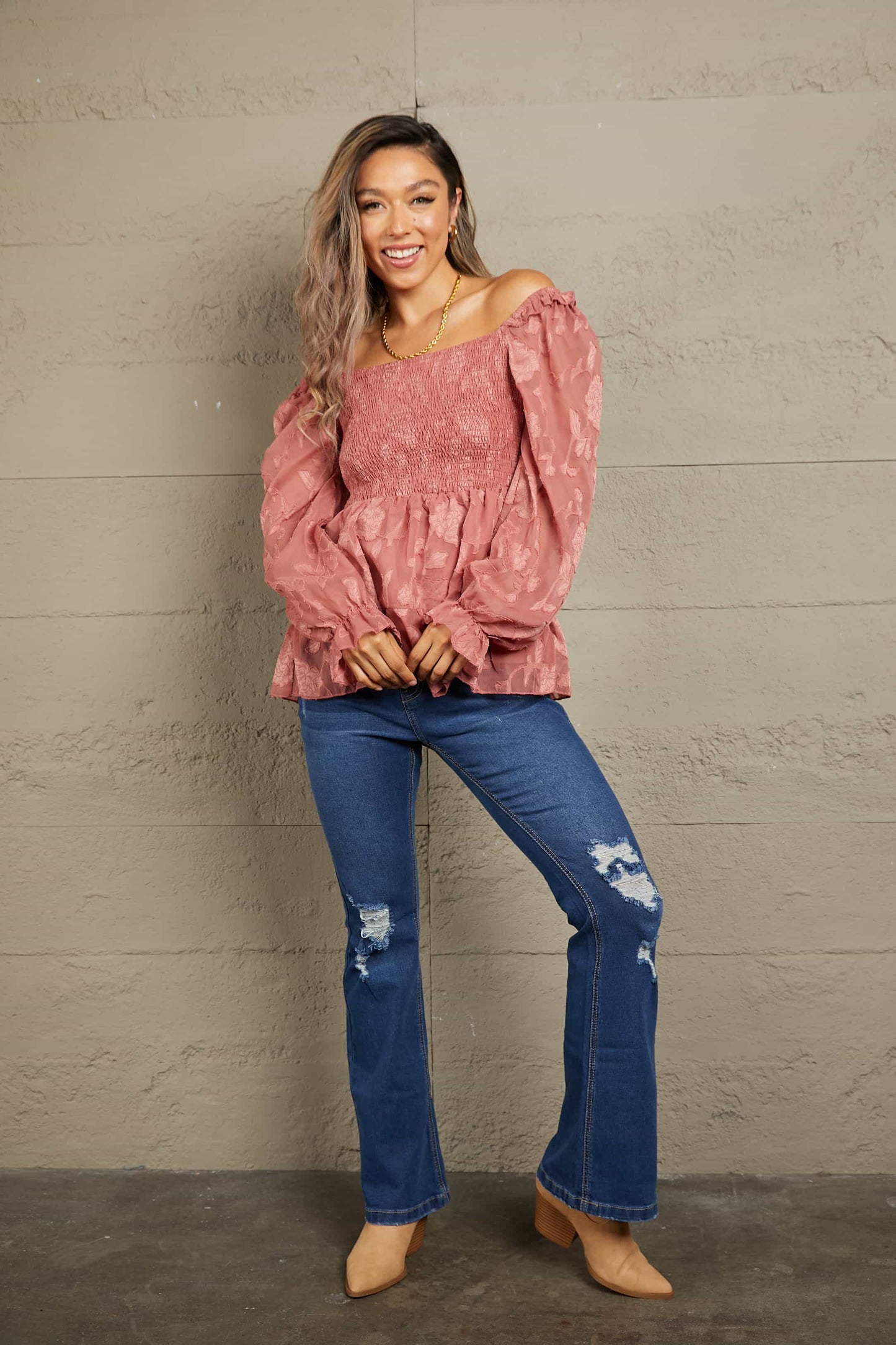 Smocked Square Neck Flounce Sleeve Blouse