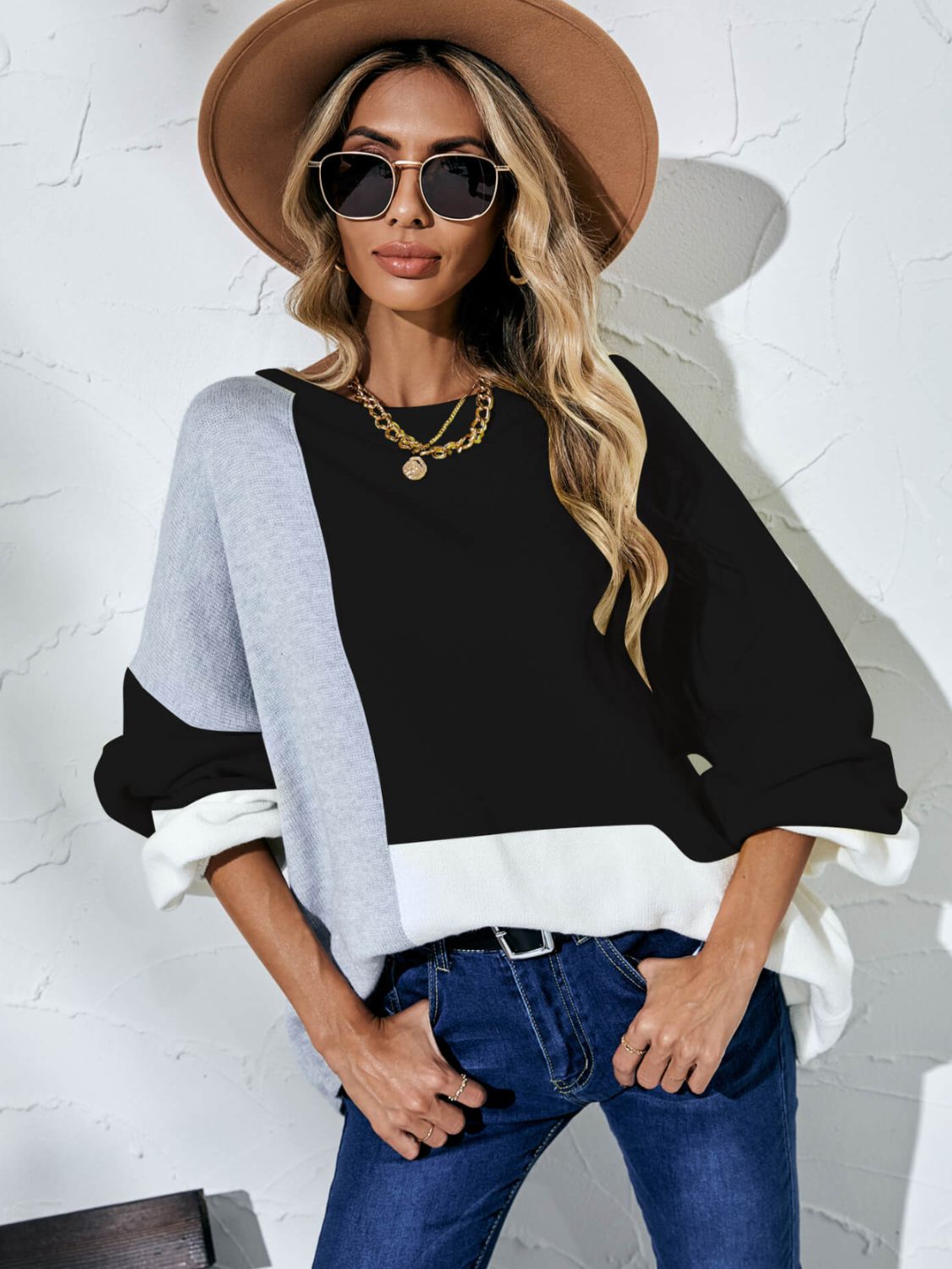 Color Block Balloon Sleeve Boat Neck Sweater