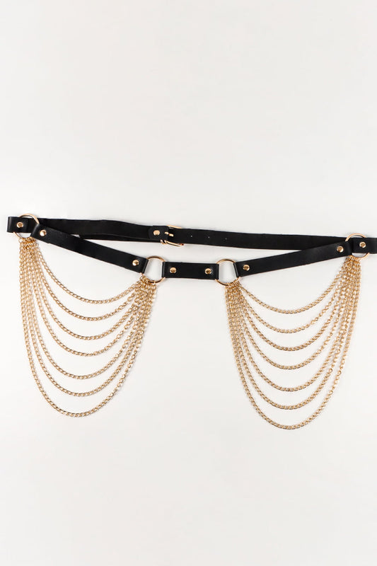 PU Belt with Chain Black Gold One Size