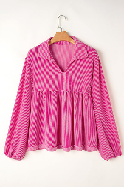 Bright Pink Corded Turn-down V Neck Bubble Sleeve Babydoll Blouse