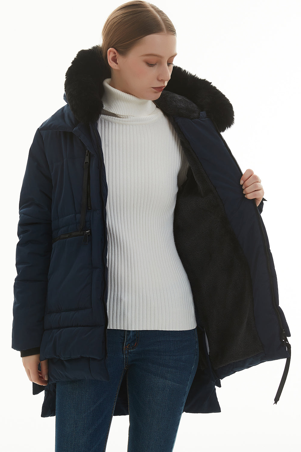 Navy Blue Plush Linen Zip Up Hooded Puffer Coat