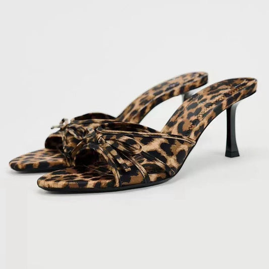 Bow Leopard Kitten Heel Sandals Leopard