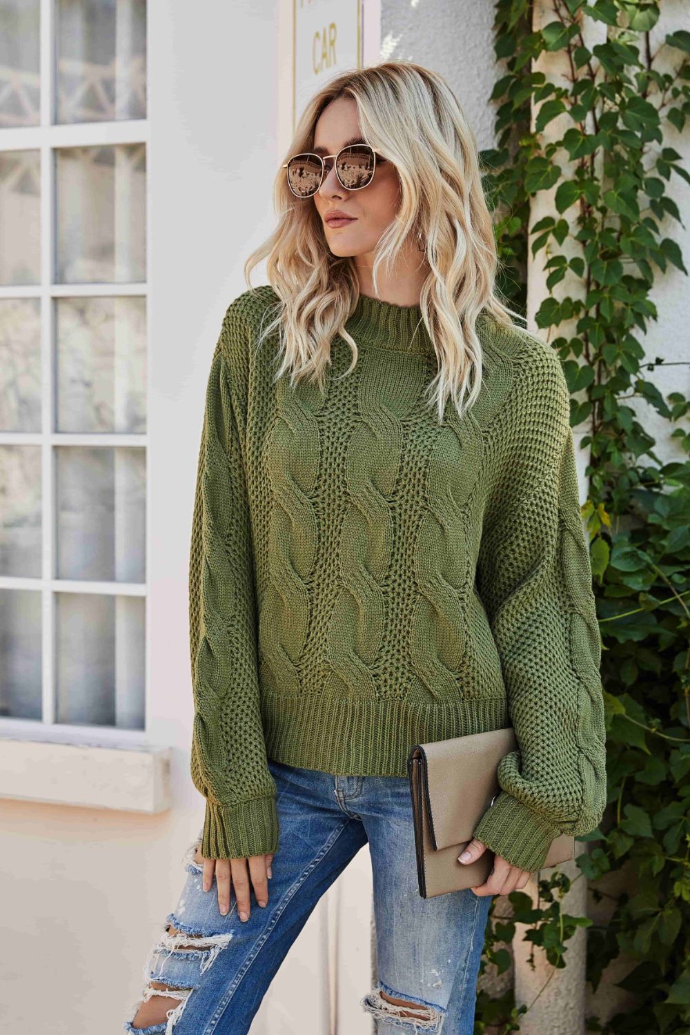 Mixed Knit Crewneck Drop Shoulder Sweater Green