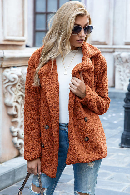 Full Size Lapel Collar Sherpa Coat Caramel