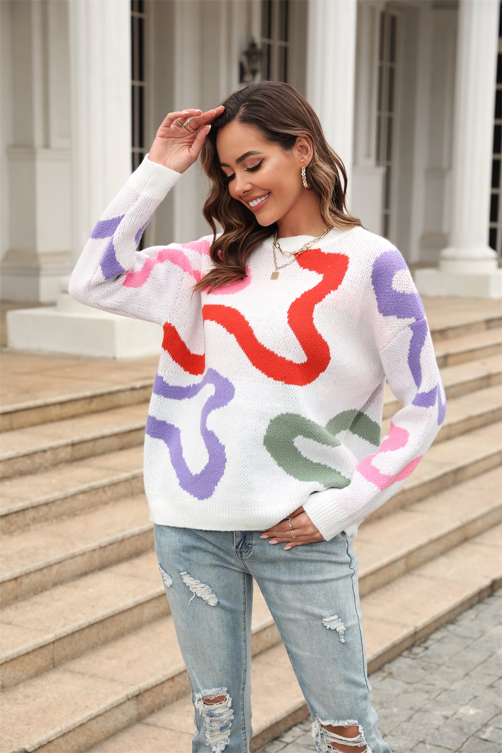 Printed Round Neck Dropped Shoulder Pullover Sweater