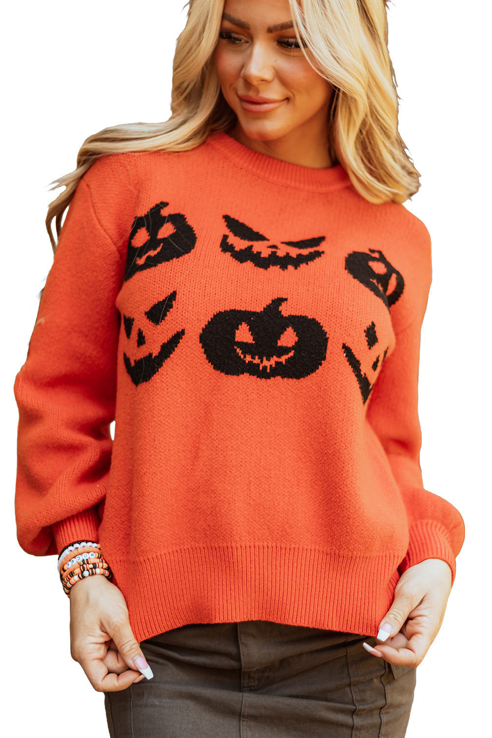 Orange Halloween Pumpkin Face Pattern Drop Shoulder Sweater