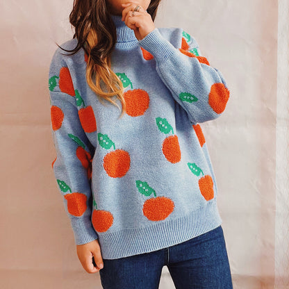 Fruit Pattern Turtleneck Dropped Sweater Misty Blue