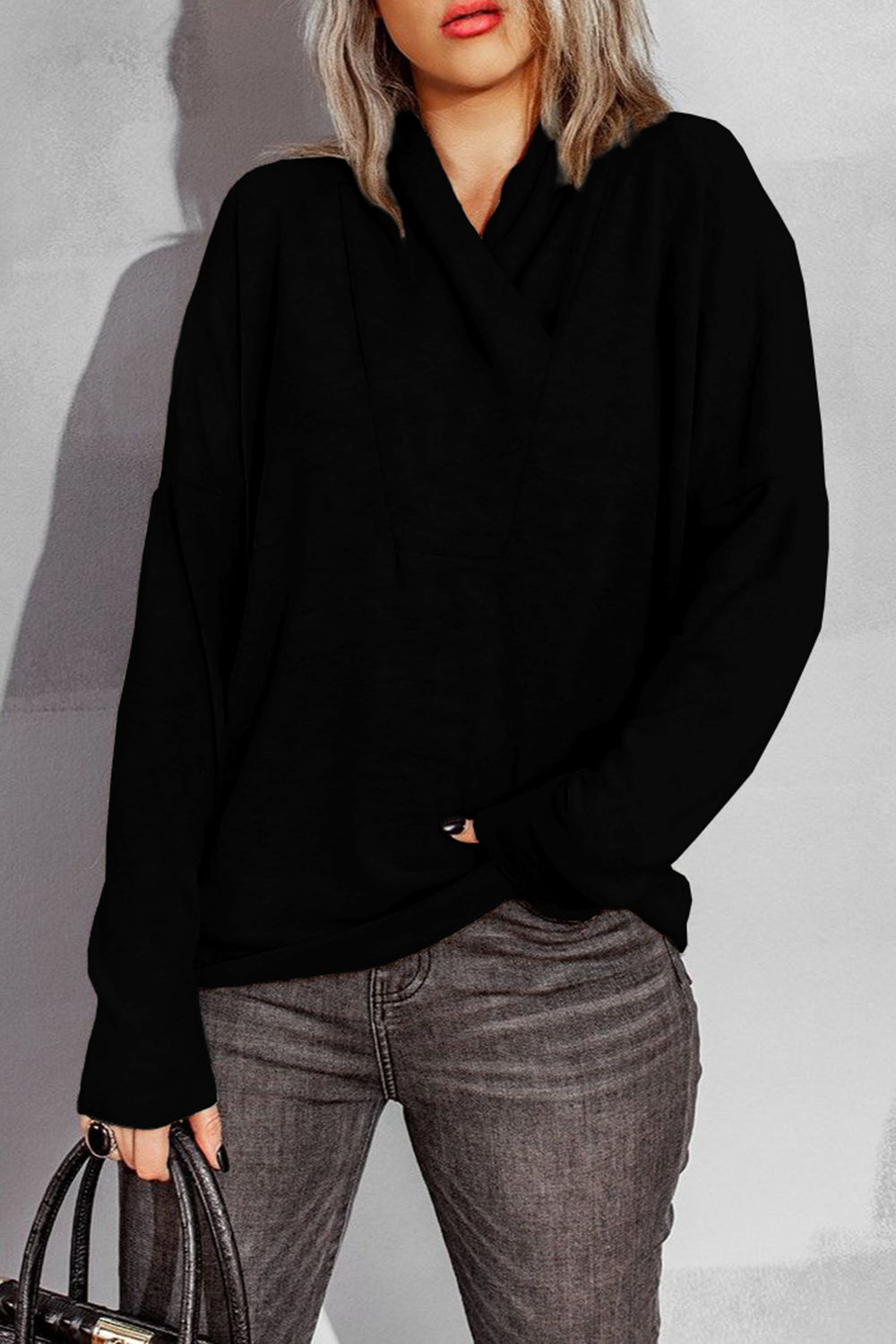 Surplice Dropped Shoulder Long Sleeve Sweater Black