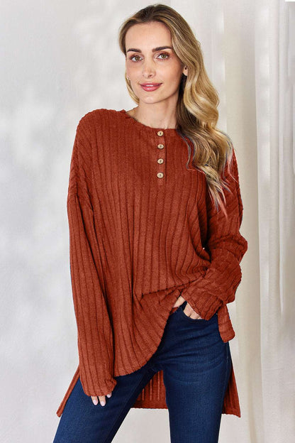 Basic Bae Full Size Ribbed Half Button Long Sleeve High-Low T-Shirt Rust