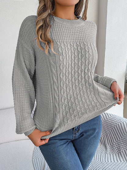 Cable-Knit Round Neck Long Sleeve Sweater Charcoal