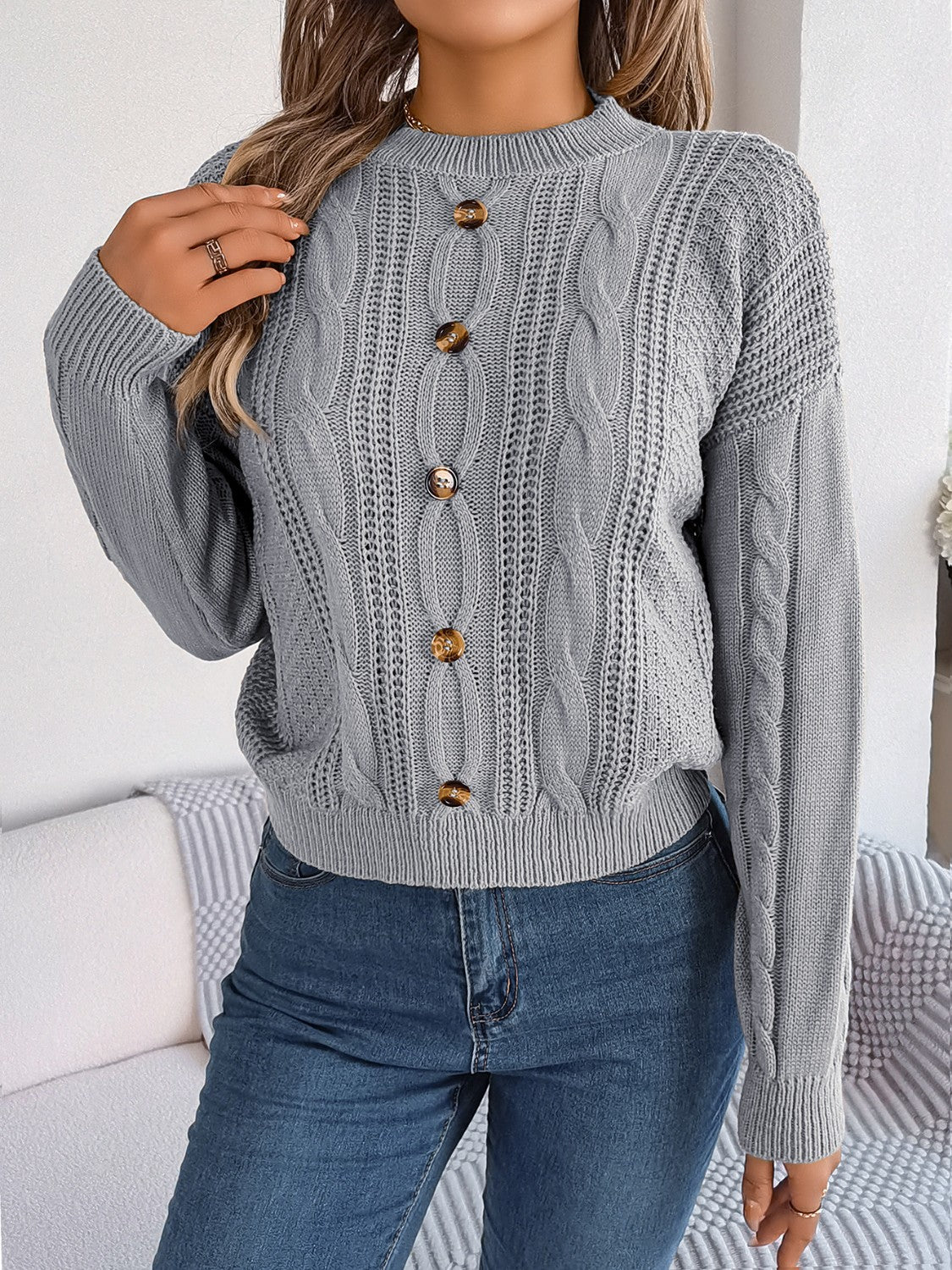 Cable-Knit Buttoned Round Neck Sweater Charcoal