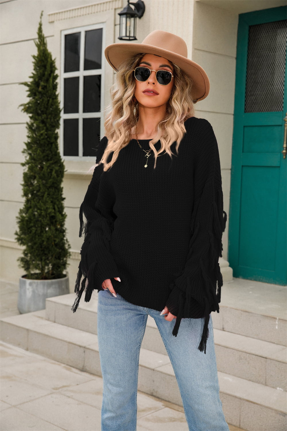 Ribbed Round Neck Fringe Detail Sweater Black