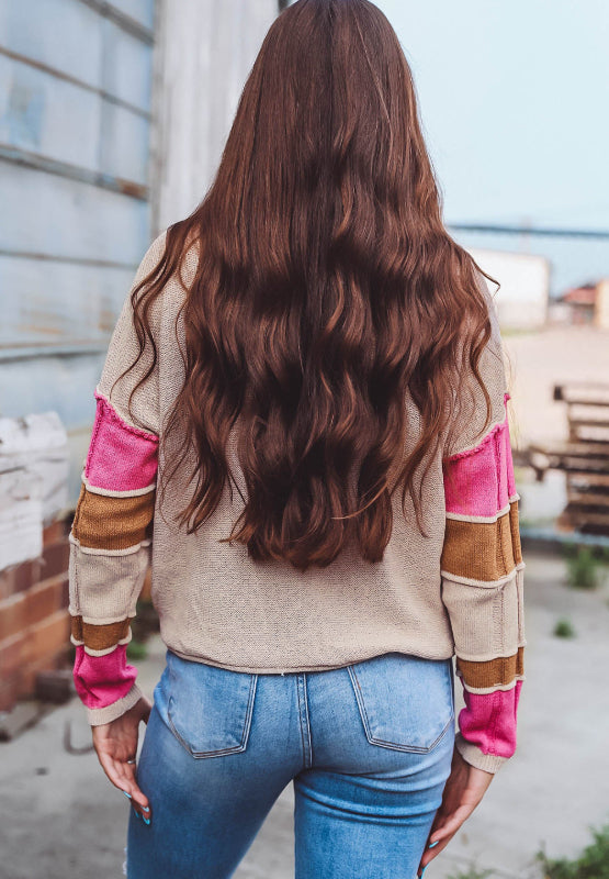 Color Block Round Neck Long Sleeve Sweater