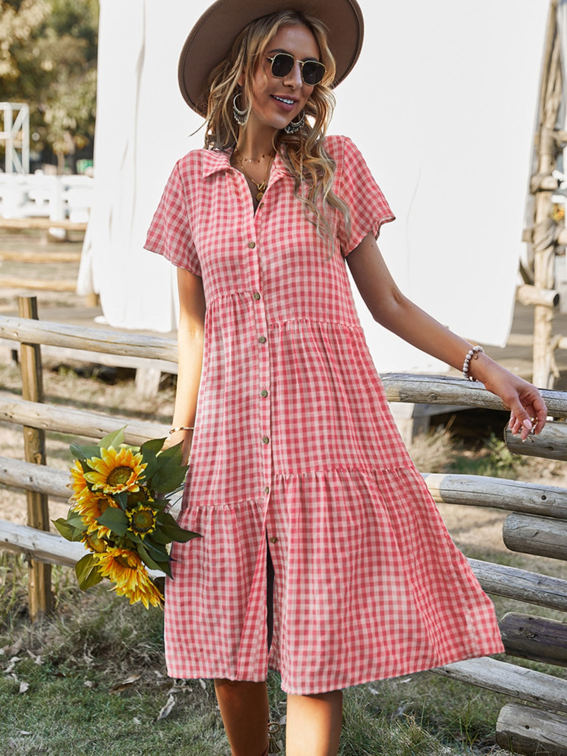 Button Up Plaid Short Sleeve Midi Dress Red