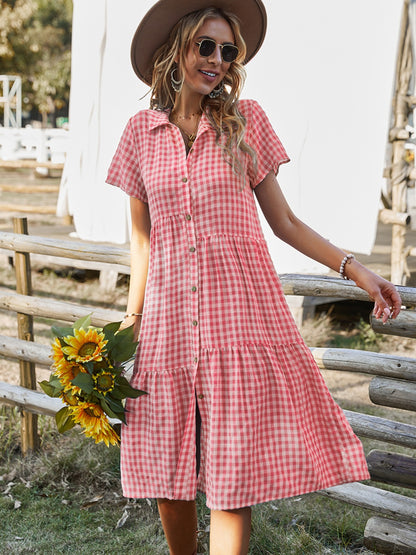 Button Up Plaid Short Sleeve Midi Dress Red