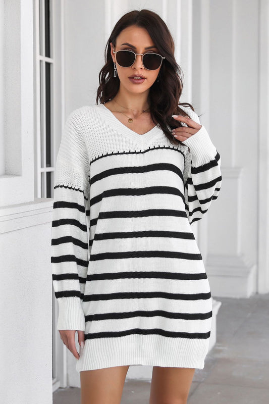 Striped V-Neck Drop Shulder Sweater Dress White