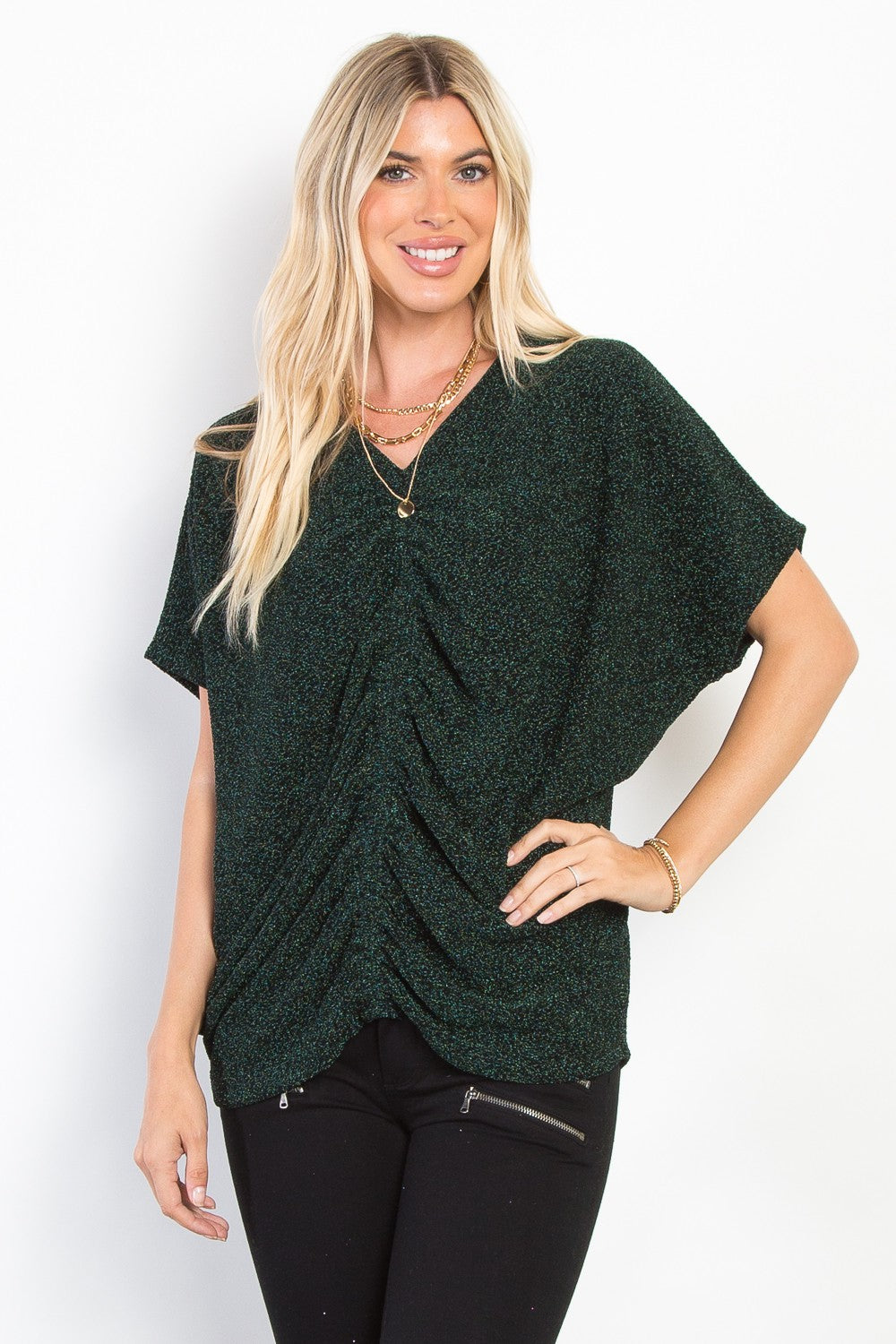 Be Stage Full Size Lurex Center Elastic Cinched Knit Top Hunter Green