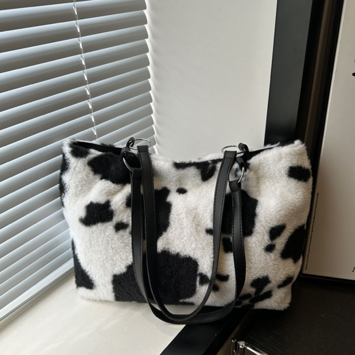 Cow Print Furry Tote Bag Black One Size