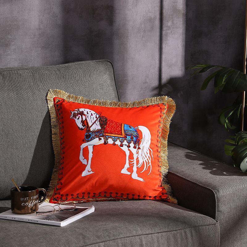 Double-sided Printed Fringe Pillow Sofa Cushion Horse orange 45x45cm Excluding core