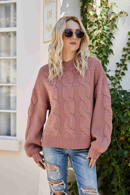 Mixed Knit Crewneck Drop Shoulder Sweater Pink