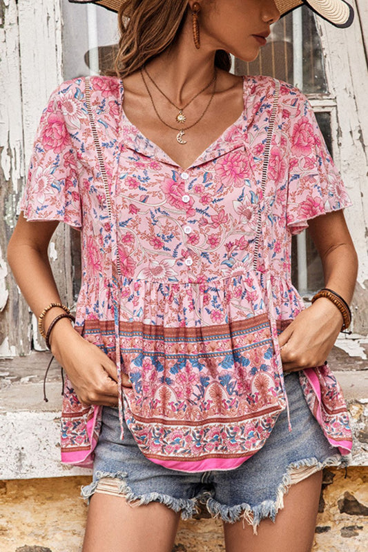 Bohemian Decorative Button Tie-Neck Peplum Blouse Floral