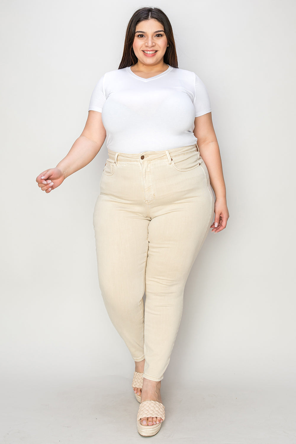Judy Blue Full Size Garment Dyed Tummy Control Skinny Jeans BONE