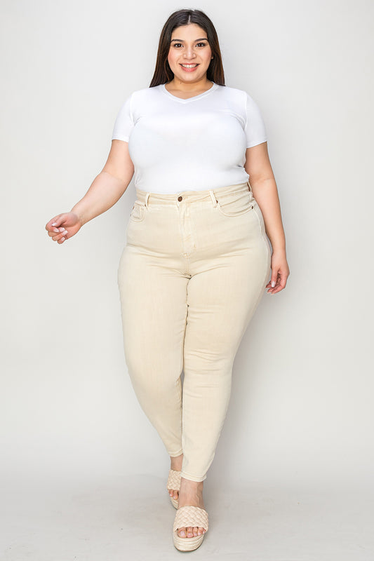 Judy Blue Full Size Garment Dyed Tummy Control Skinny Jeans BONE