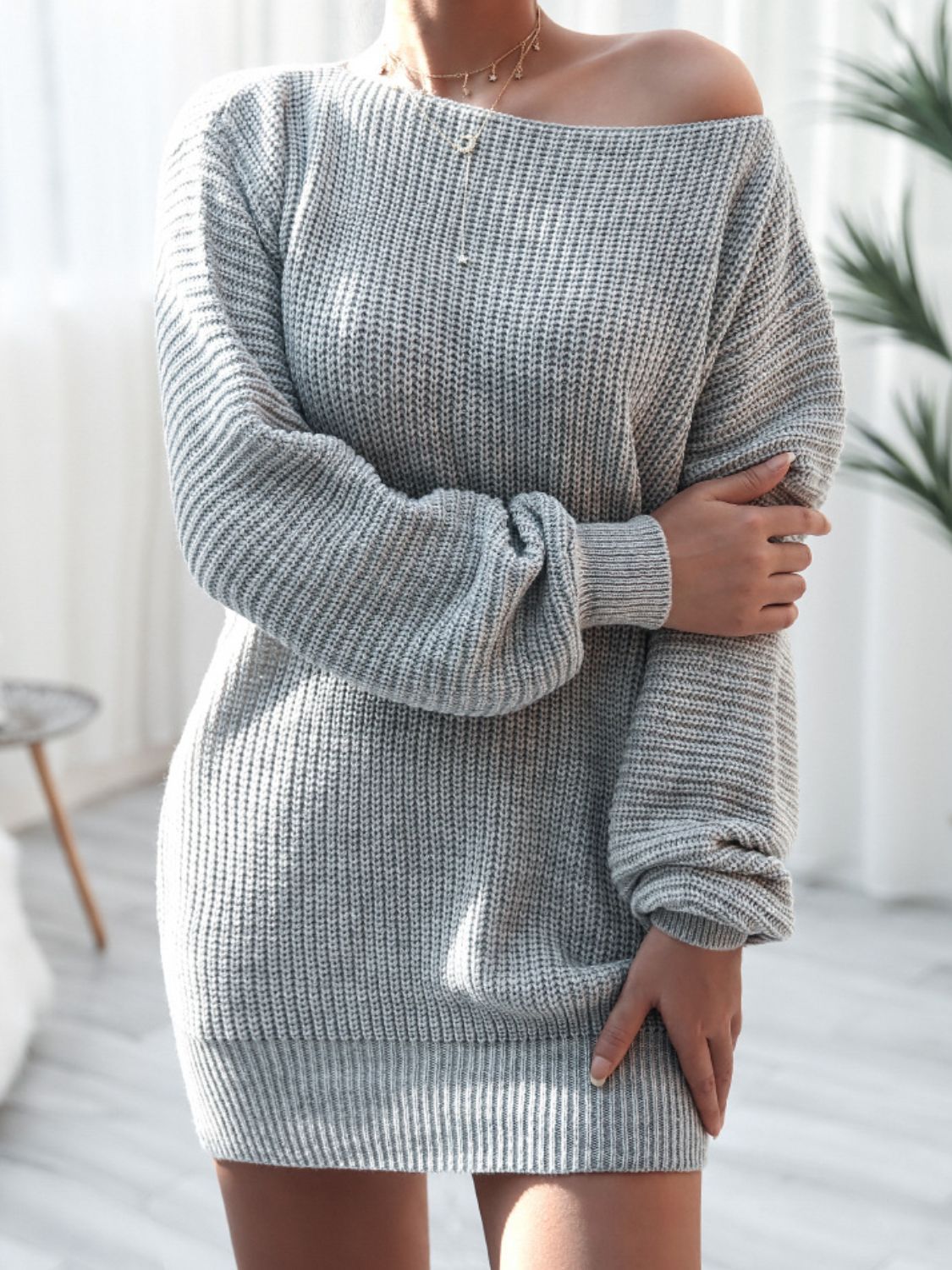 Balloon Sleeve Boat Neck Sweater Mini Dress