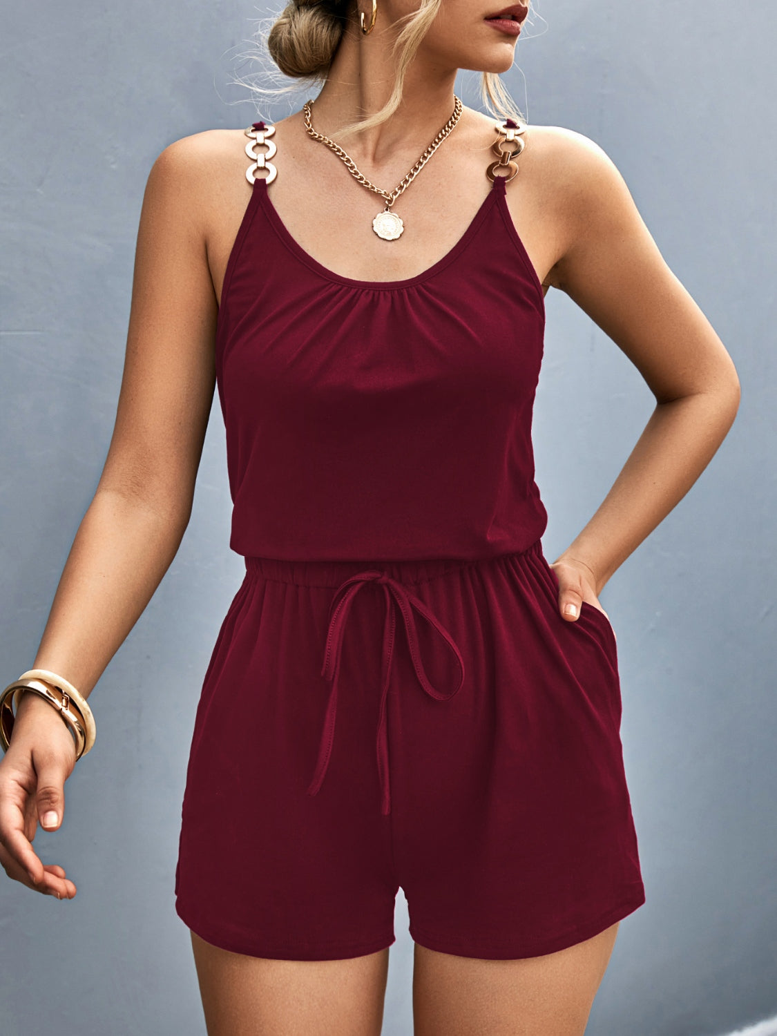 Scoop Neck Romper with Pockets Burgundy