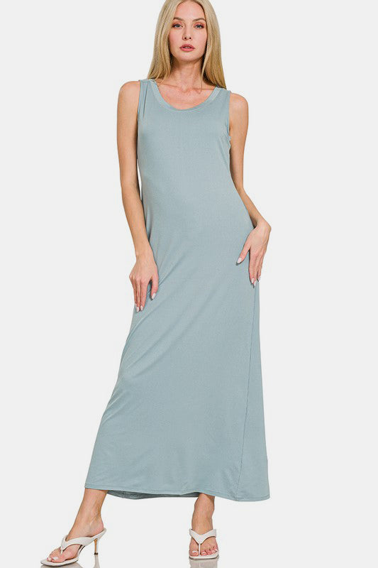 Zenana Scoop Neck Wide Strap Tank Dress Air Force Blue