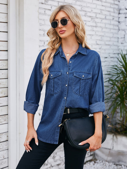 Button Up Collared Neck Denim Jacket Dark Blue