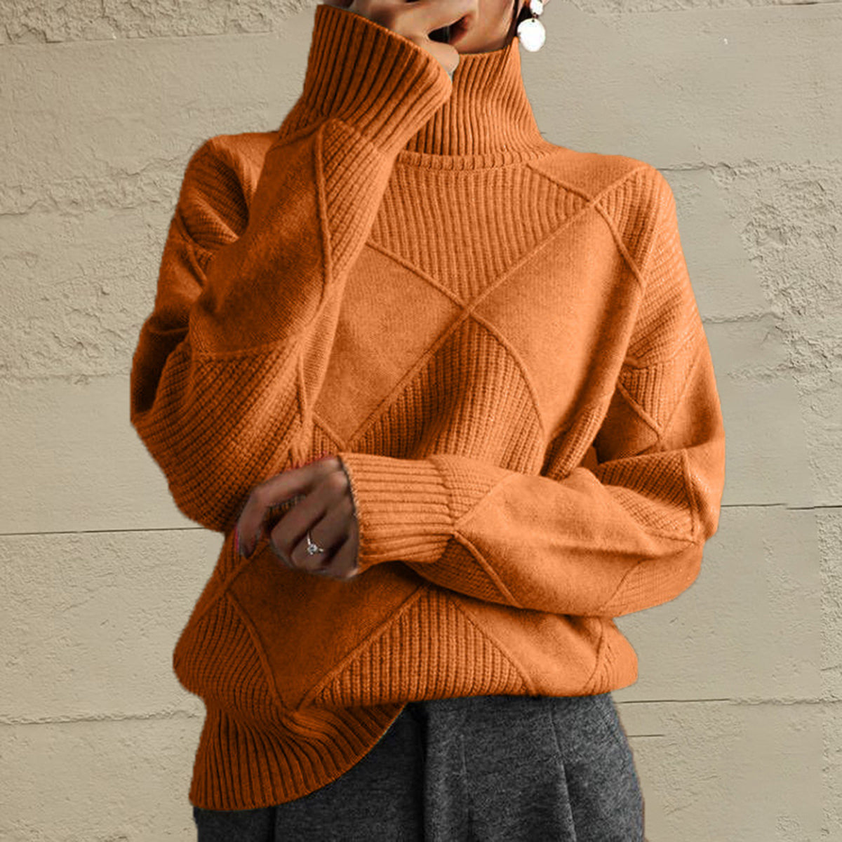 Geometric Turtleneck Long Sleeve Sweater Caramel