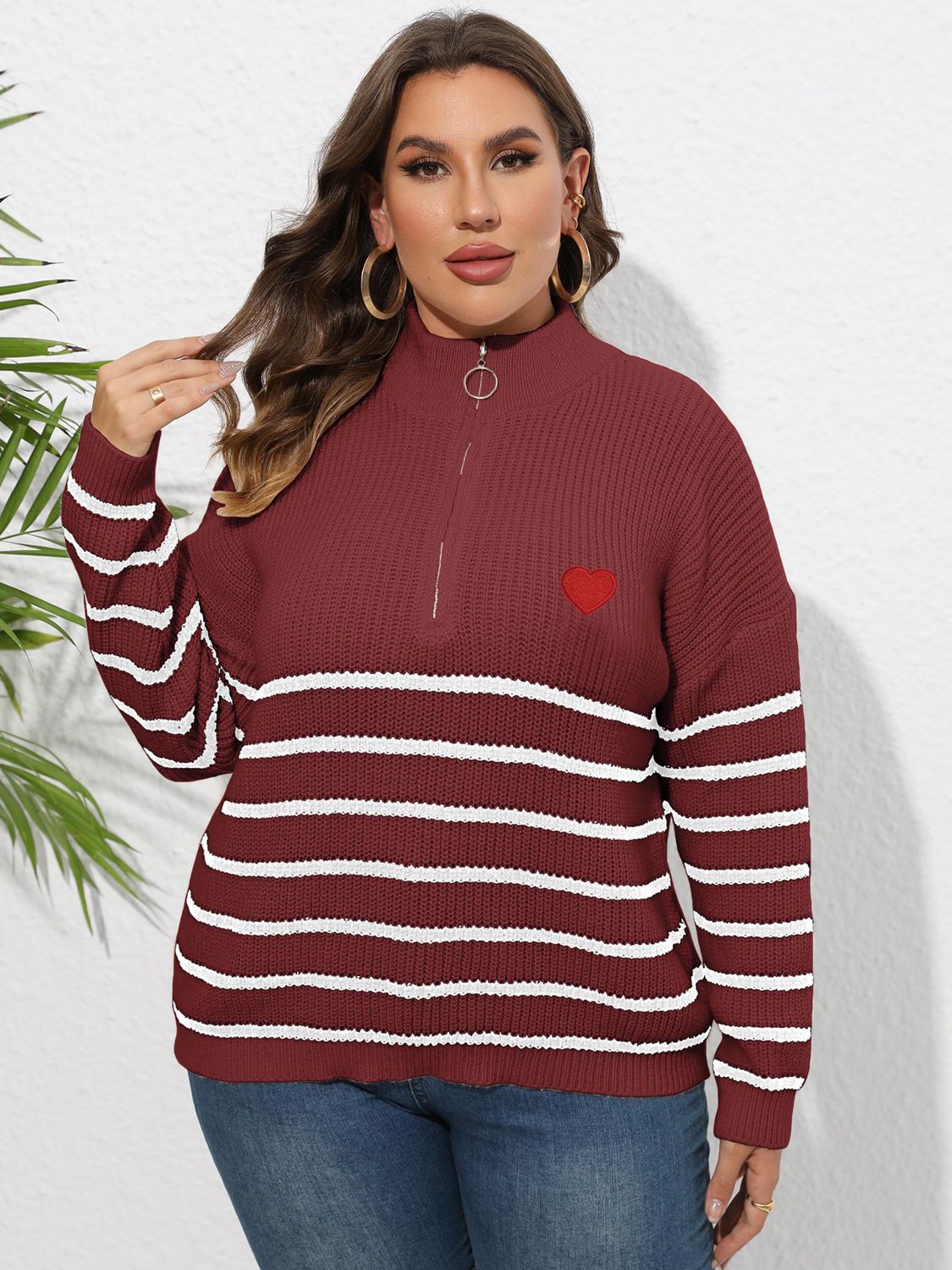 Plus Size Zip-Up Striped Sweater Burgundy