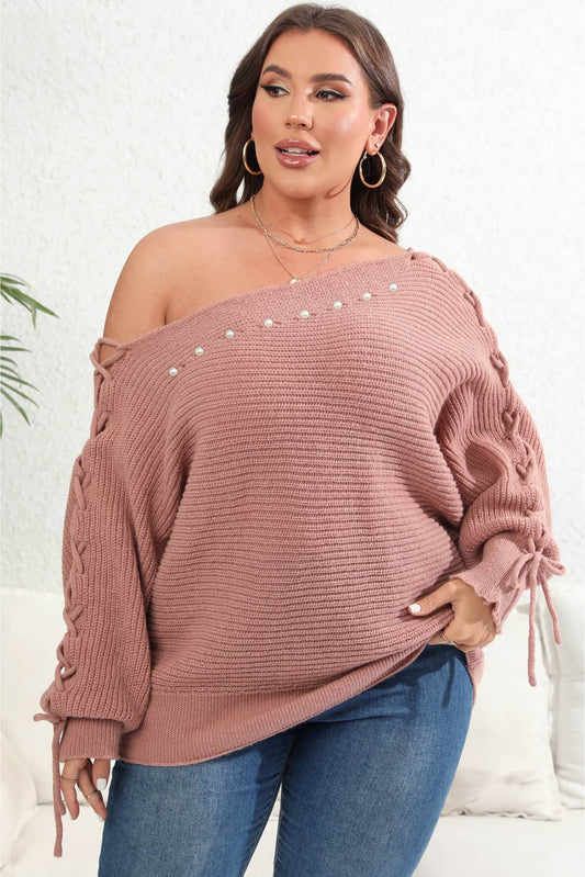 Plus Size One Shoulder Beaded Sweater Dusty Pink