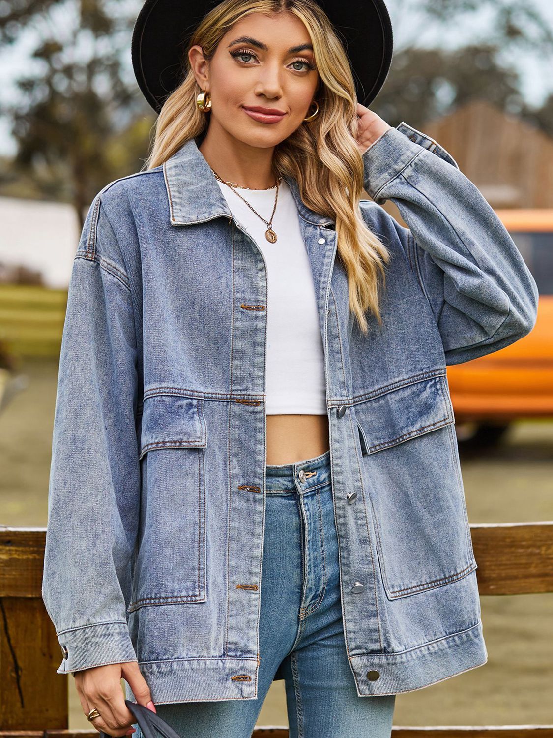 Dropped Shoulder Denim Jacket with Pockets Light