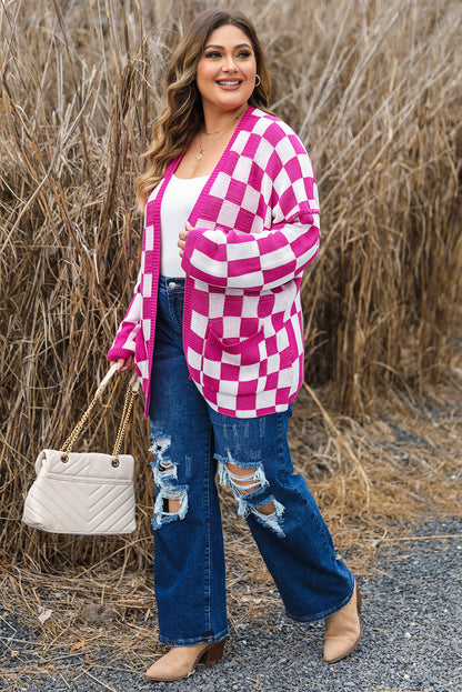 Bonbon Checkered Pattern Open Front Plus Size Cardigan