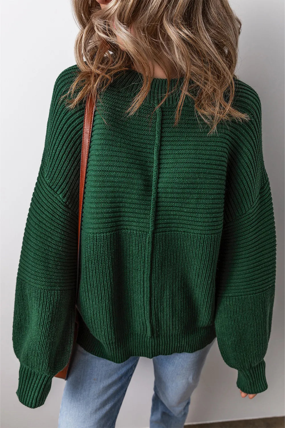 Round Neck Dropped Shoulder Sweater Dark Green