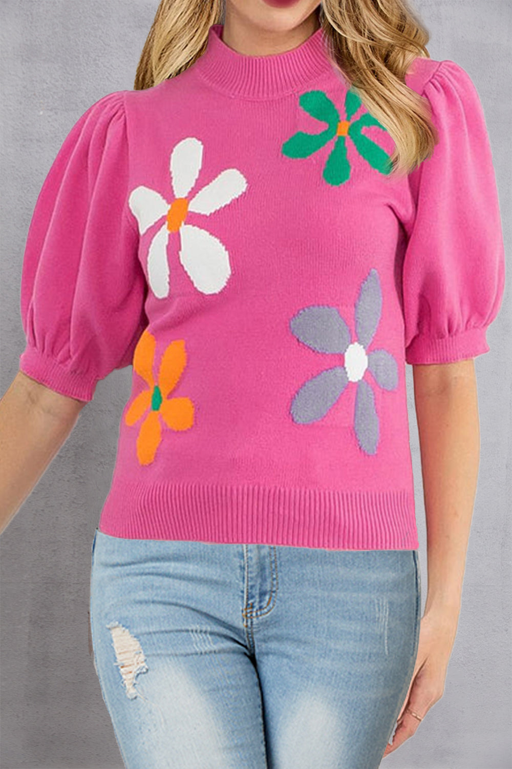 Flower Mock Neck Short Sleeve Sweater Pink