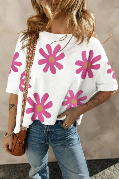 Flower Round Neck Half Sleeve T-Shirt White