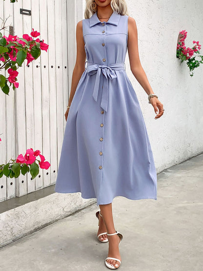 Collared Neck Sleeveless Dress Blue Purple