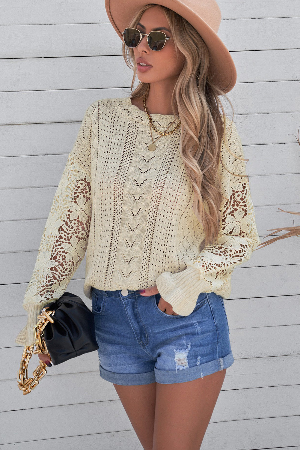 Openwork Lantern Sleeve Dropped Shoulder Sweater Cream