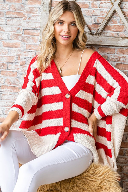 First Love Textured Striped Button Down Cardigan Red