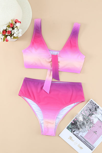 Purple Gradient Color Knotted V Neck Bikini Swimsuit