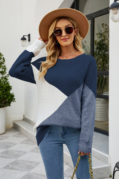 Color Block Round Neck Sweater Peacock Blue